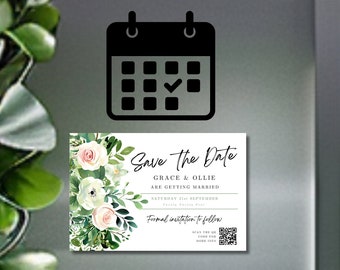 Retenez la date avec aimant QR Code, vert sauge, modèle, QR Code numérique mariage bricolage - imprimable personnalisable, moderne, floral Design-03MFT01