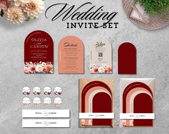 Burgundy Terracotta Wedding Invitation Suite: Elegant Invite Set (Digital Download)