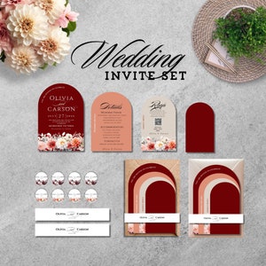 May include: A wedding invitation set with a burgundy and peach color scheme. The set includes a main invitation card, a details card, a RSVP card, a save the date card, and a set of stickers. The cards feature a floral design with a burgundy arch and peach accents. The text on the cards reads "Olivia and Carson" and "July 27, 2023".