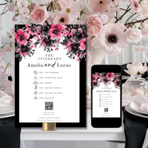 May include: Black and white wedding itinerary sign with pink floral accents. The sign lists the wedding day schedule, including the ceremony, champagne hour, dinner, first dance, cutting the cake, and send off. The sign also includes a QR code and the date "Sunday 17th August Twenty Twenty Five".