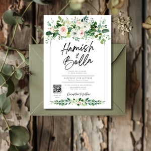 Salvia, Invitación de boda verde - Código QR, DIY, Digital, Canva, Plantilla de invitación imprimible - Boda verde-03MFT03.1