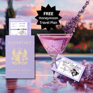 Convite de casamento com passaporte e cartão de embarque Save the Date, Lavanda, Itinerário, Casamento no destino, Viagem, Código QR-05MFT2.0_11.2