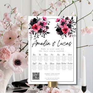 以下が含まれることがあります： ピンクと黒の色の花柄のデザインが施された結婚式用の席次表。表にはテーブル番号とゲストの名前が記載されています。上部のテキストには「アメリア＆ルーカス」と「席について、ラブストーリーが展開されるのを見届けましょう。」と書いてあります。