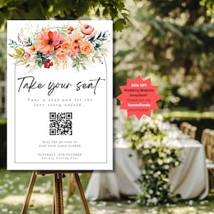Floral Wedding Seating Chart with QR Code (Canva Template, Instant Download)