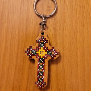 2.6in | Coptic Orthodox Hand Painted Hand Made Wooden Cross Keychain | &quot;IOTA COPTIC ART&quot;