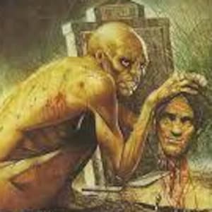 May include: A vintage book cover for "Weird Tales" featuring a yellow-lettered title and a grotesque illustration of a bald, yellow-skinned figure with a severed head. The cover includes text by Peter Haining.
