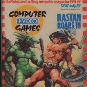 Puede incluir: Una portada de revista retro de "Computer + Video Games" de febrero de 1988. La portada presenta una ilustración de fantasía de una criatura verde parecida a un dragón y un guerrero musculoso. El texto incluye "RASTAN ROARS IN" y reseñas de juegos.