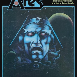 May include: Ares gaming magazine cover featuring a blue alien face with red eyes against a starry background. The magazine title is in a stylized font. Text includes "L. Sprague de Camp on Conan" and "FIRST CONTACTS".