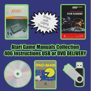 May include: A collection of Atari game manuals featuring 406 instruction guides delivered on a USB drive or DVD. The image displays an Atari 2600 manual, a Star Raiders game manual, a Pac-Man manual, a silver and black USB drive, and a blank DVD disc.