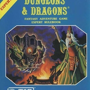 May include: A blue and yellow cover for the Dungeons & Dragons Expert Rulebook. The cover features a fantasy illustration of a wizard casting a spell, a dragon, and a group of adventurers in a dungeon.