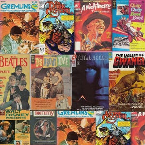 May include: A collage of vintage comic books featuring titles like "Gremlins," "The Dark Crystal," and "A Nightmare on Elm Street." The covers display vibrant illustrations and text, showcasing various genres and characters. Other titles include "The Beatles" and "Total Recall."
