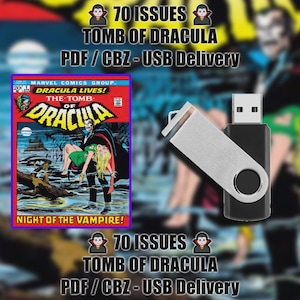 May include: Comic book cover art for "The Tomb of Dracula" with a USB drive. The comic features Dracula carrying a woman. Text includes "70 Issues" and "PDF/CBZ - USB Delivery."