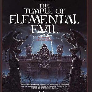 Puede incluir: Portada de "The Temple of Elemental Evil", una aventura de Advanced Dungeons & Dragons. La imagen presenta un castillo gótico oscuro con relámpagos y gárgolas. El texto incluye el título, los nombres de los autores y "Official Game Adventure."
