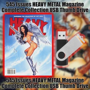 May include: A USB thumb drive next to a magazine cover. The magazine cover features a woman with angel wings holding a gun. The text on the magazine reads "HEAVY METAL". The text on the image reads "545 Issues HEAVY METAL Magazine Complete Collection USB Thumb Drive."