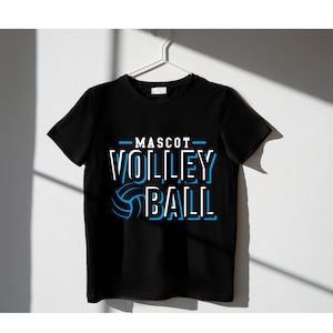 May include: Black t-shirt with white text that says "MASCOT VOLLEY BALL" with a blue volleyball graphic.