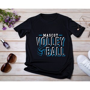 May include: Black t-shirt with a white graphic that says "MASCOT VOLLEYBALL" with a blue volleyball graphic.