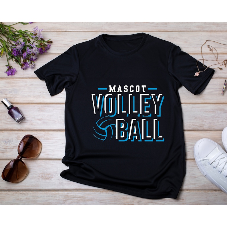May include: Black t-shirt with a white graphic that says "MASCOT VOLLEYBALL" with a blue volleyball graphic.