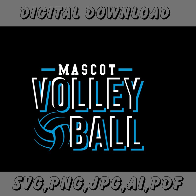 May include: A digital download graphic design featuring the text "Mascot Volleyball" in white with a blue outline. A blue volleyball graphic is to the left of the text.