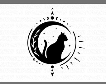 Cat and moon phases SVG, Magic cat svg, Magic illustration svg, Witchcraft svg, Boho svg, Boho illustration svg, Magic Illustration svg