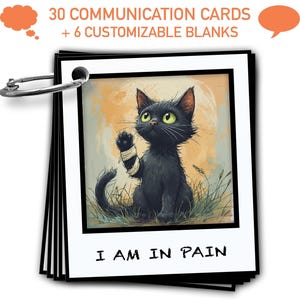 Könnte beinhalten: Ein Stapel Kommunikationskarten mit einem Metallring. Jede Karte zeigt eine Cartoon-Katze mit grünen Augen und einem bandagierten Pfoten, mit dem Text "I AM IN PAIN". Die Karten haben auch den Text "30 COMMUNICATION CARDS + 6 CUSTOMIZABLE BLANKS".