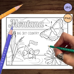 May include: A black and white coloring page featuring a butterfly, wheat, huckleberries, and the text "Montana Big Sky Country".