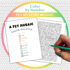 Pagina da colorare con i numeri a tema animale domestico "MYSTERY MOSAIC", immagine segreta, attività per le vacanze estive, pixel art per bambini e adulti, cani, gatti e pesci