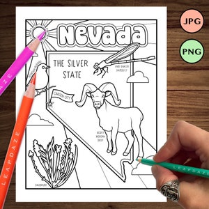NEVADA kleurplaat met staatsfeiten - afdrukbare staatskaart van de Verenigde Staten van Amerika