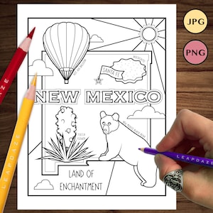 NEW MEXICO Kleurplaat met staatsfeiten - Afdrukbare staatskaart van de Verenigde Staten van Amerika
