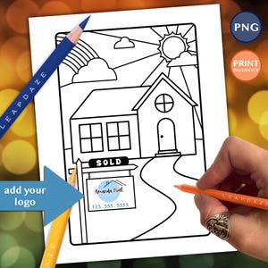 Może przedstawiać: Czarno-biała strona do kolorowania przedstawiająca dom z tęczą, słońcem i chmurami. Dom ma znak 'SPRZEDANY' i informacje o agencie nieruchomości: 'Amanda Noel, 123.555.5555'.