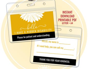 Directe afdrukbare download VERBORGEN HANDICAP zonnebloem lanyard contactkaart voor noodgevallen