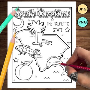 SOUTH CAROLINA Coloring Page with state facts - Printable United States of America Outline State Map