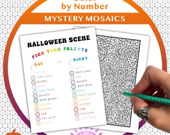 May include: Color by Number Mystery Mosaics Halloween Scene colouring page with a colour key for day and night palettes. The sheet lists numbers one through nine with corresponding colours. A green pencil is shown colouring the intricate design.