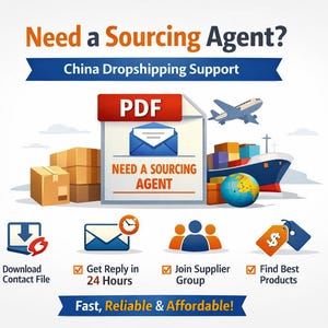 以下が含まれることがあります： 「Need a Sourcing Agent?」と「China Dropshipping Support」のテキストが入った広告グラフィック。画像には、PDFアイコン、輸送コンテナ、飛行機、地球儀が含まれています。ファイルダウンロードや製品検索などのサービスを表す追加のアイコンがあります。