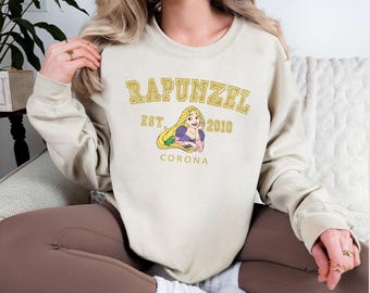 Vintage Rapunzel-sweater – Disney Princess met ronde hals, trui in Corona University-stijl, gezellig retro sprookjesachtig cadeau voor haar