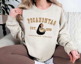Vintage Pocahontas-sweater – Disney Princess met ronde hals, trui in Jamestown University-stijl, gezellig retro Disney-cadeau voor haar