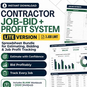 Può includere: Un pacchetto di fogli di calcolo digitali intitolato Contractor Job-Bid + Profit System Lite Version. L'immagine mostra un modulo di stima dell'offerta, una dashboard dei profitti con grafici e tabelle e una guida rapida in verde e blu scuro.