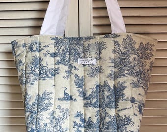 Bolso de mano acolchado de Toile de Jouy azul / Bolso de hombro / Bolso de playa / Bolso de vacaciones