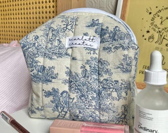 Bolsa de maquillaje azul Toile de Jouy / Bolsa de cosméticos francesa hecha a mano / Bolsa de maquillaje de viaje con cremallera para regalo