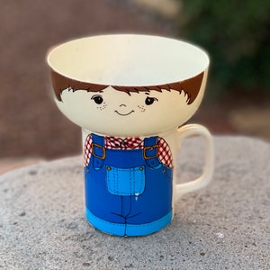 Vintage Carol Wright Stackable Boy Cup Mug Bowl Set Overalls Plaid Shirt