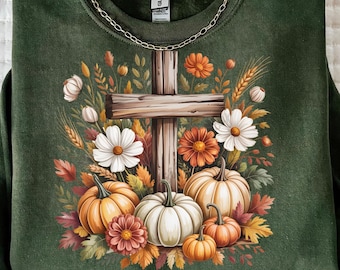Flor de calabaza cruzada otoño PNG, sublimación cristiana de otoño, diseño de camiseta floral de Acción de Gracias con fe, clipart de cosecha rústica, Jesús otoño PNG