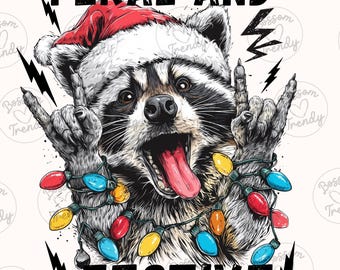 Feral and Festive Raccoon PNG, Funny Christmas Rocker Raccoon Sublimation, Holiday Garbage Pail Animal, Santa Hat Ugly Sweater Tee Design