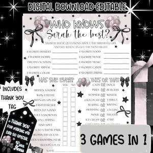 Who Knows The Birthday Girl Best, Birthday Party Games, Editable Printable Birthday Game, Black bows party game, Teens Birthday Party Game