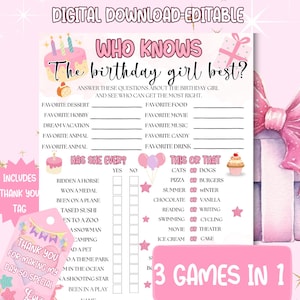 Chi conosce meglio la festeggiata, giochi per feste di compleanno, gioco di compleanno stampabile modificabile, gioco di compleanno rosa, gioco per feste di compleanno per adolescenti
