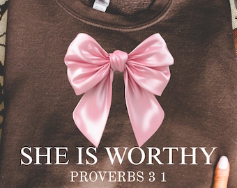 She Is Worthy PNG with Pink Bow, Proverbs 3:1 Bible Verse Digital Download, Christian Scripture Sublimation Design, Faith Based Clipart