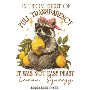 May include: A whimsical illustration features a raccoon wearing sunglasses and a pink bandana, holding lemons. The text reads "IN THE INTEREST OF FULL TRANSPARENCY IT WAS NOT EASY PEASY Lemon Squeezy". The image has a vintage, hand-drawn style.