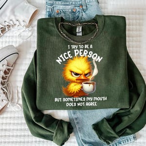 Pu&ograve; includere: Felpa verde con un pulcino dei cartoni animati che tiene una tazza di caff&egrave;. Il testo sulla felpa recita "Cerco di essere una persona gentile, ma a volte la mia bocca non &egrave; d'accordo."