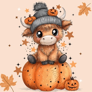 May include: A cute cartoon Highland cow wearing a gray knit hat with a pom-pom and two jack-o'-lanterns. The cow is sitting on a large orange pumpkin, with a smaller jack-o'-lantern nearby. Stars and autumn leaves decorate the background.