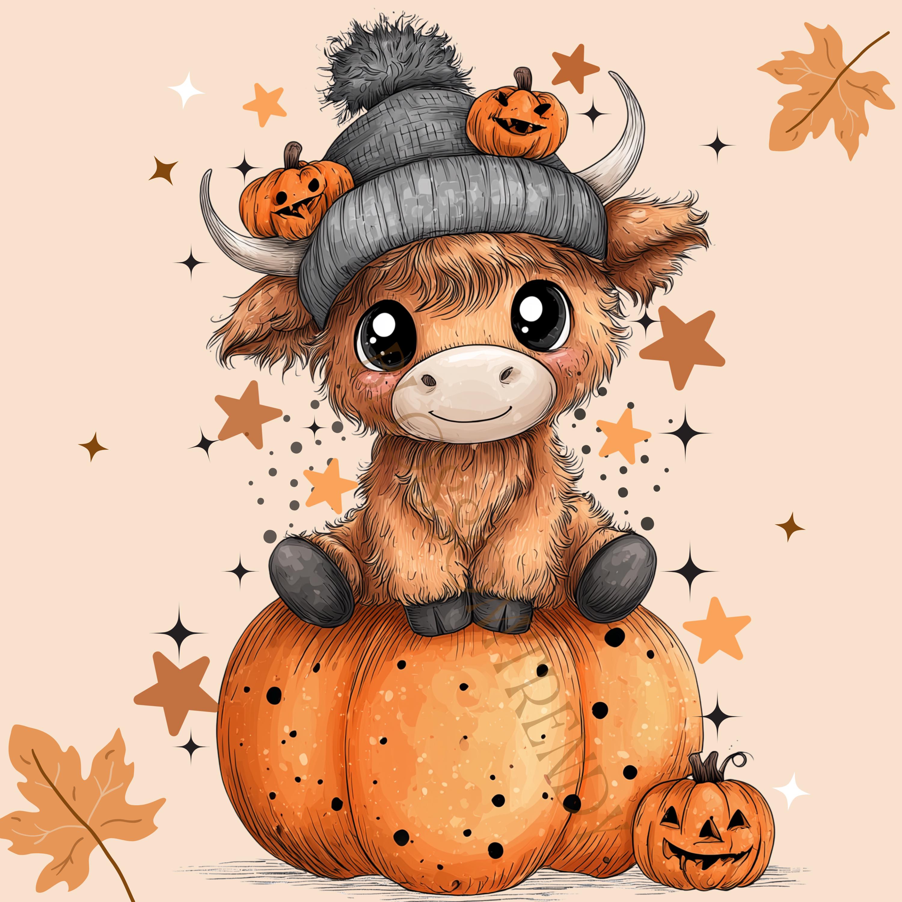Cute Highland Cow Halloween PNG, Baby Cow on Pumpkin With Beanie, Fall ...
