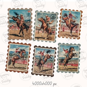 Op de afbeelding: Set van zes postzegels in vintage-stijl met rodeo-sc&egrave;nes. Elke postzegel toont een cowboy op een bokkende bronco, met een verweerde, verouderde uitstraling. De postzegels hebben bruine, blauwe en beige randen, met de tekst "Boss Trendy" in de hoeken.