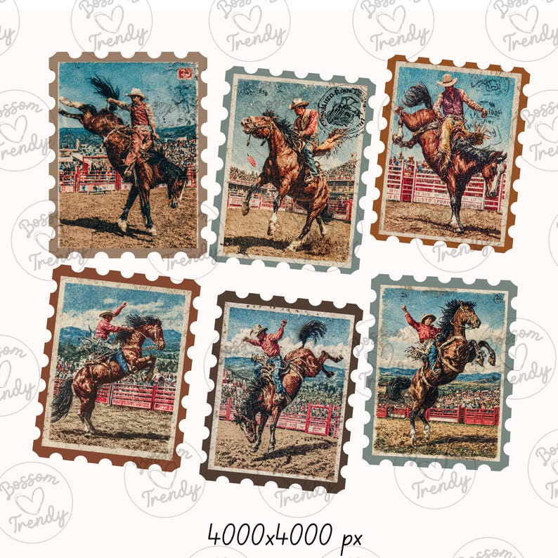Op de afbeelding: Set van zes postzegels in vintage-stijl met rodeo-sc&egrave;nes. Elke postzegel toont een cowboy op een bokkende bronco, met een verweerde, verouderde uitstraling. De postzegels hebben bruine, blauwe en beige randen, met de tekst "Boss Trendy" in de hoeken.